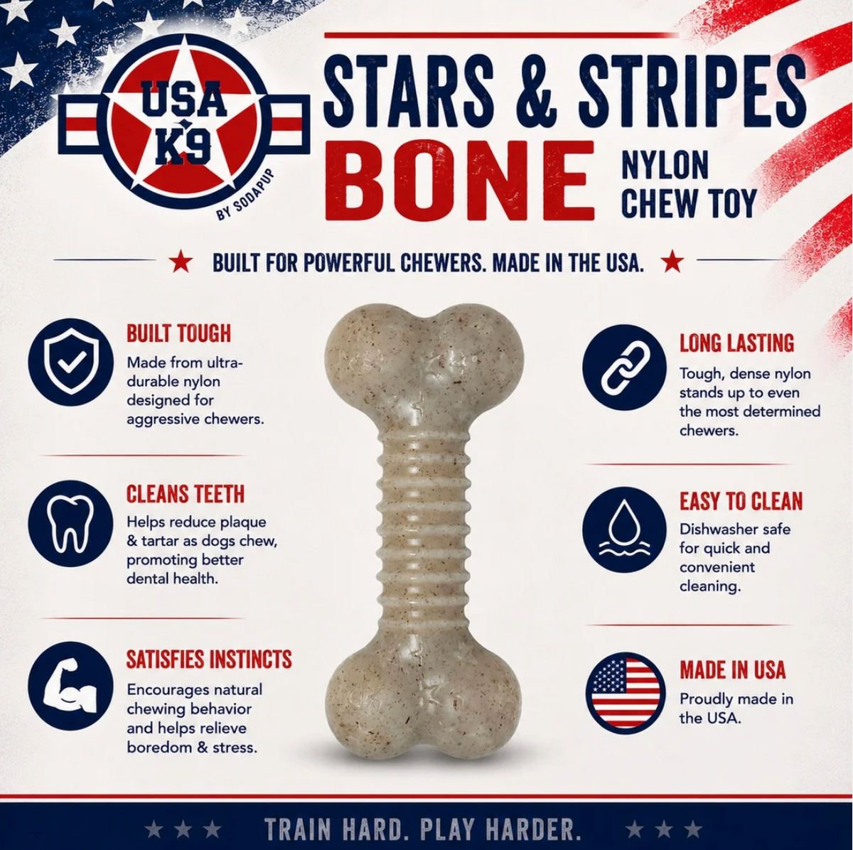 USA-K9 Stars and Stripes Bone Nylon Dog Chew Toy for Aggressive Chewers | USA Made