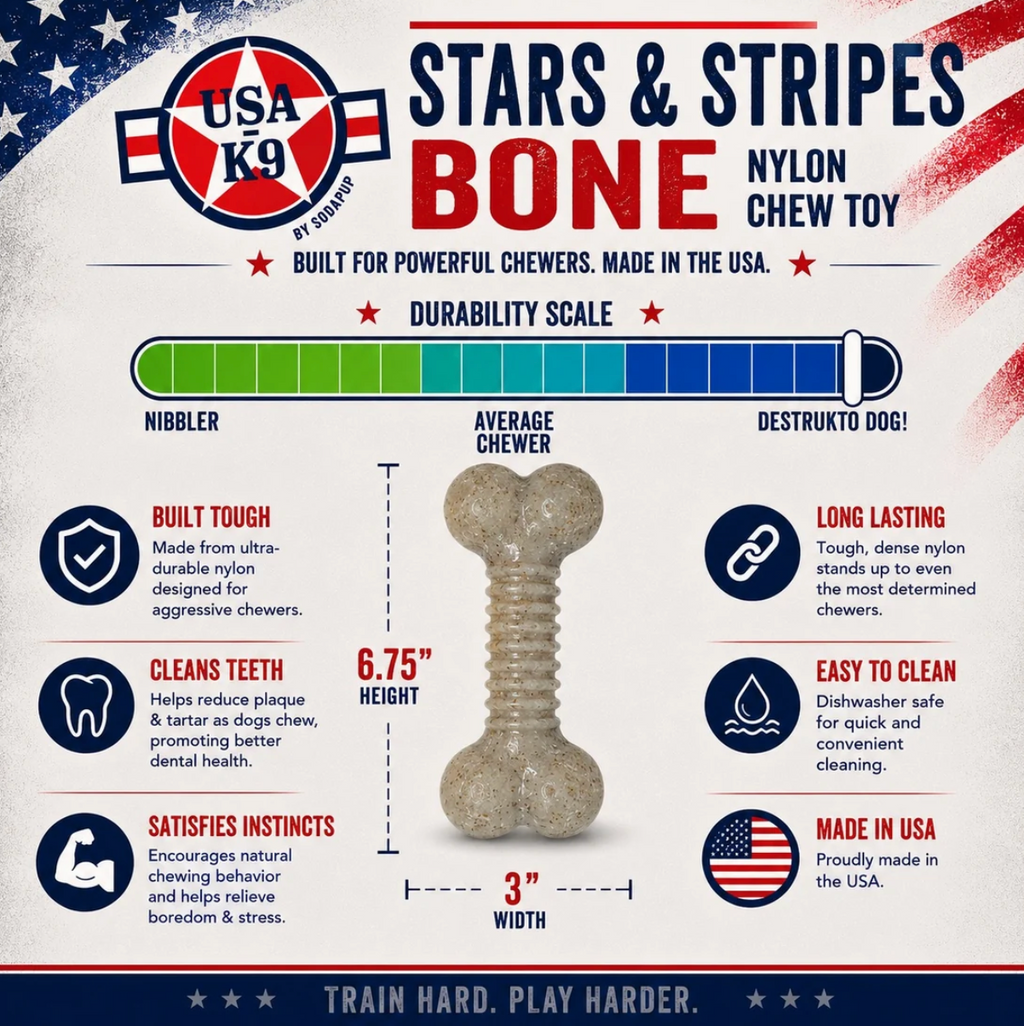 USA-K9 Stars and Stripes Bone Nylon Dog Chew Toy for Aggressive Chewers | USA Made
