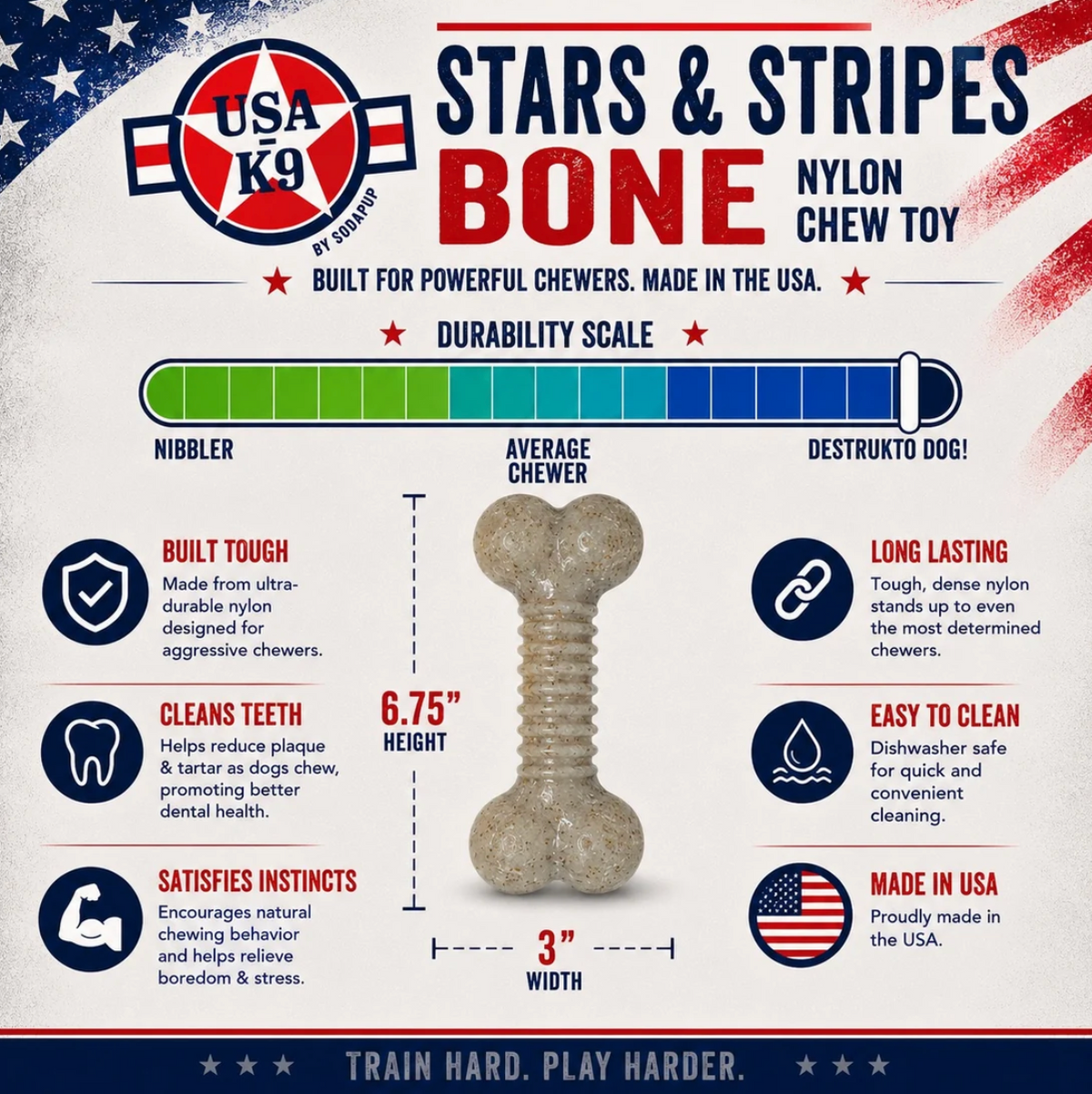 USA-K9 Stars and Stripes Bone Nylon Dog Chew Toy for Aggressive Chewers | USA Made