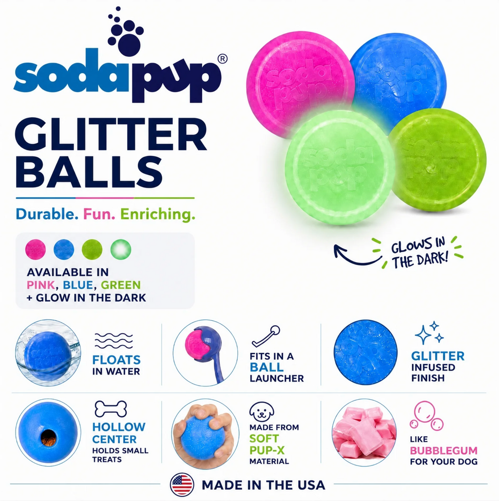 Glow in the Dark Glitter Ball 2-Pack Dog Toy | Soft PUP-X Rubber Floating Fetch Ball with Treat Dispenser | USA Made