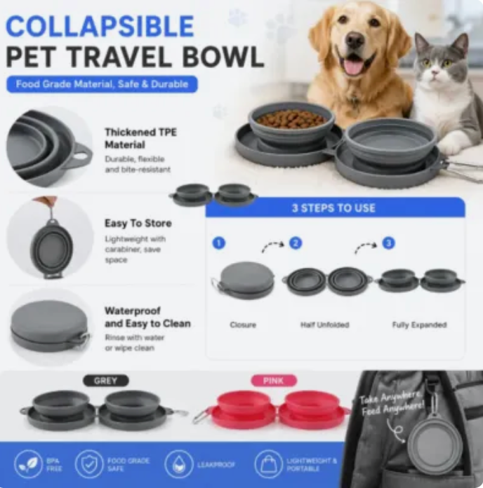 Collapsible Pet Travel Bowl Portable Dual Feeder