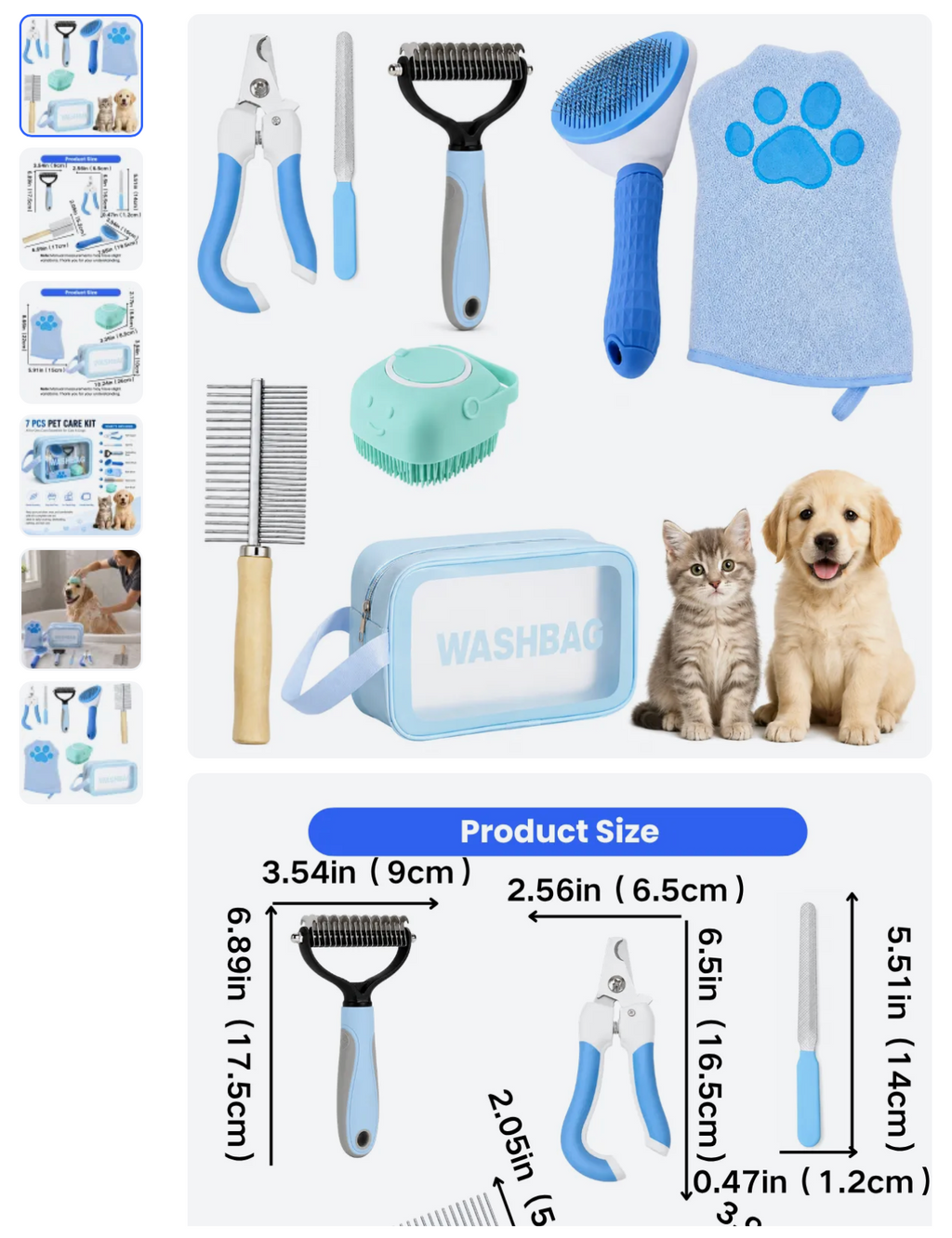 Blue Pet Care Kit for Dogs and Cats 7 Piece Bath and Care Set