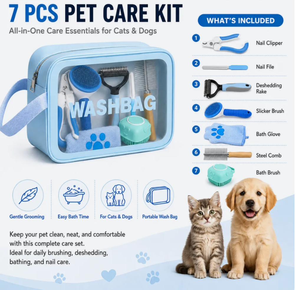 Blue Pet Care Kit for Dogs and Cats 7 Piece Bath and Care Set