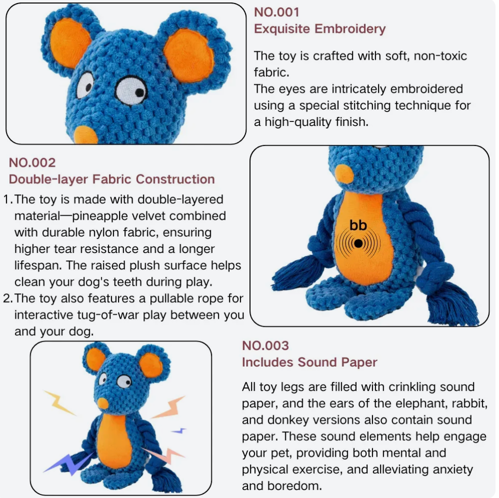 Tear-Resistant Squeaky Toys with Crinkle Rope for Bulk Resale